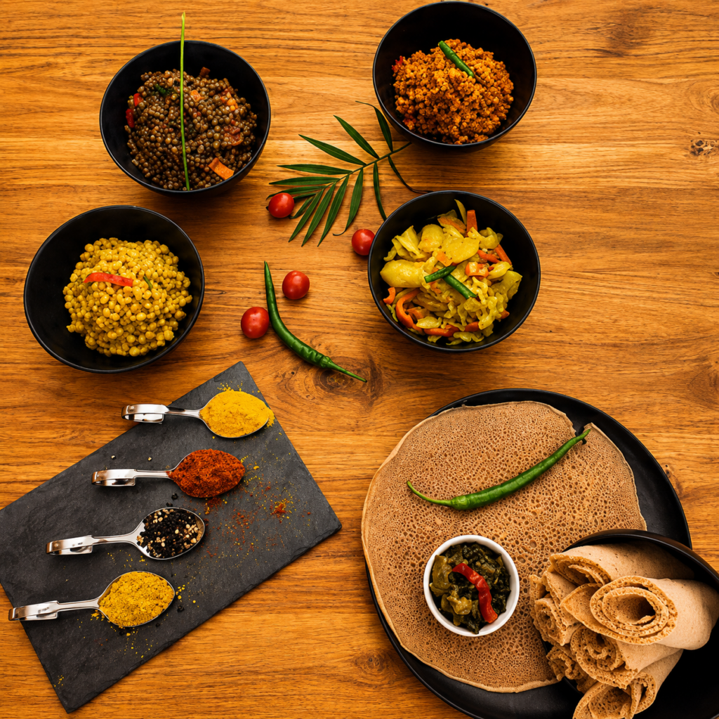 Selection of authentic Ethiopian and Eritrean dishes featuring injera, lentils, vegetables, and traditional spice blends at Shiro Basel