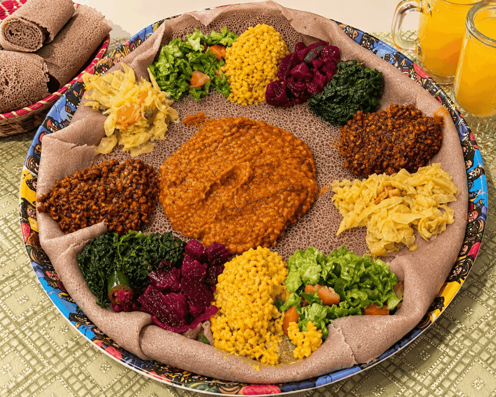 Ethiopian vegetarian injera platter with shiro, lentils, cabbage, spinach, and fresh salads at Gebeta Restaurant Basel