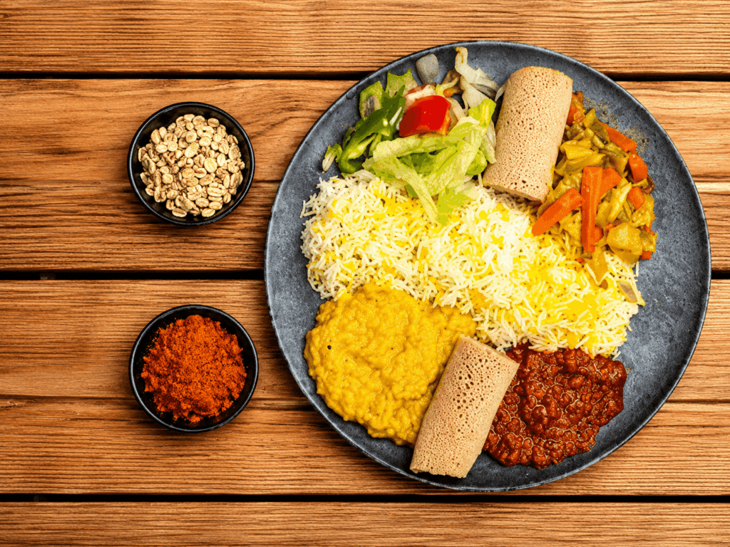 Vegetarian Ethiopian and Eritrean meal with injera, lentils, rice, and vegetables at Mesob restaurant Zürich.