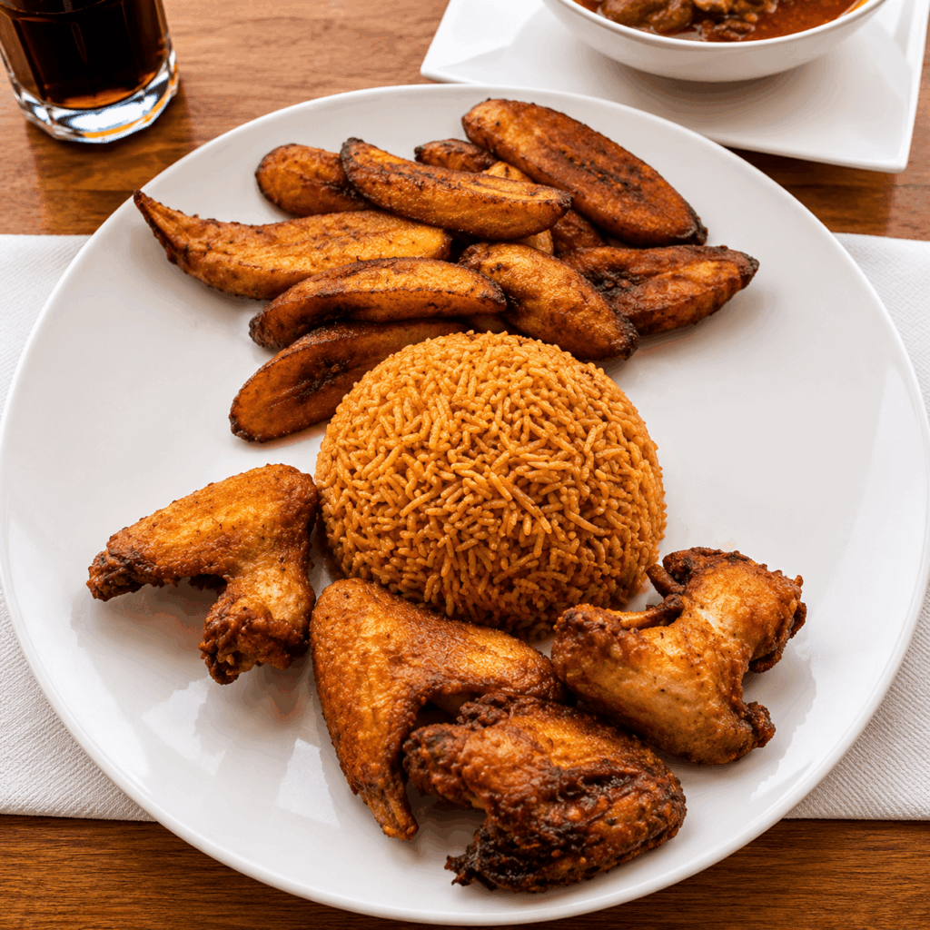 Authentic Nigerian Jollof Rice served with fried chicken wings and sweet fried plantains at Queen Idia Restaurant Zürich